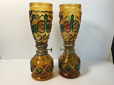 #ad #ad MINI AMBER WITH GREEN DIAMOND SHAPE OIL LAMPS amp; MATCHING GLOBES SET OF 2