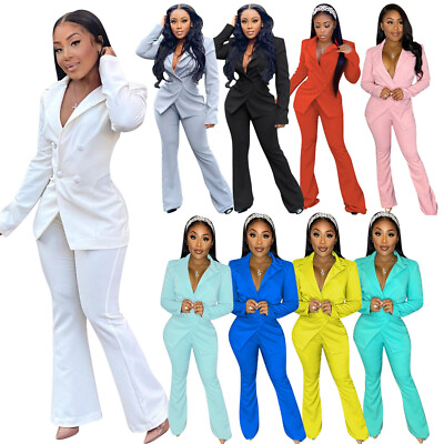 #ad HOT SALE Fashion women#x27;s solid long sleeves patchwork Office suits outfits 2pcs
