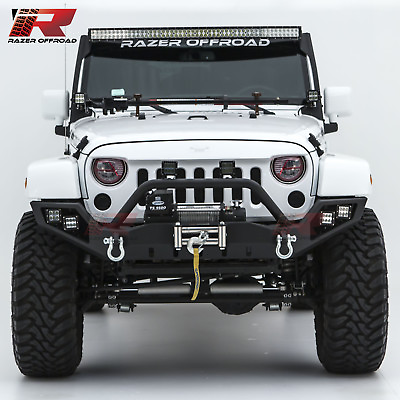 Full Size Front Bumper Winch PlateDual LED Mounting for 07 18 Jeep Wrangler JK