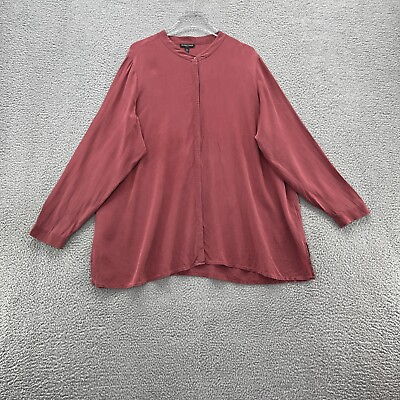 #ad Eileen Fisher Womens Top Red 2X 100% Silk Button Up Long Sleeve * Marks