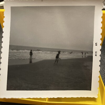 #ad 2 College Women Playing Frisbee on Beach Black amp; White 3x3 Vintage 1963 Photo