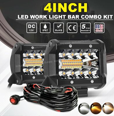 #ad 2pcs 4quot; inch LED Work Light Pods Combo White Amber Strobe Wire Offroad Tractor