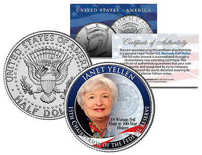 #ad JANET YELLEN First Woman *Federal Reserve Bank JFK Half Dollar US Colorized Coin