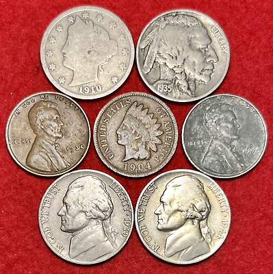 #ad 7 US Coin Lot Liberty Head Buffalo Silver War Nickels Indian Head Wheat Cents