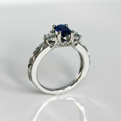 #ad 2Ct Oval Lab Created Blue Sapphire Diamond Engagement Ring 14K White Gold Plated