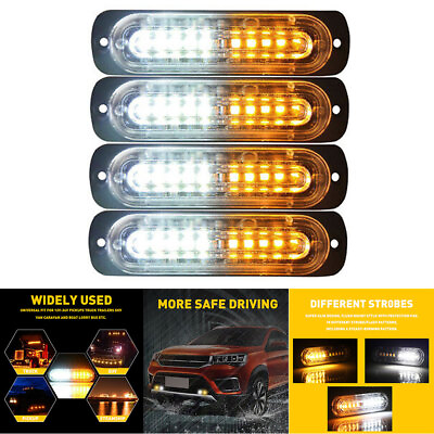#ad 4x LED Emergency Truck Car Warning Flash Amber White Light Strobe Bar Waterproof