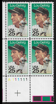 #ad Lou Gehrig #2417 USA Mint Never Hinged Plate # Block 1989 Baseball Great