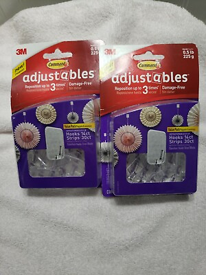 #ad Lot of 2 3M Command Adjustables Clear Repositionable 14 Clips 30 Strips Each