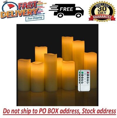 #ad Set of 9 Flickering Pillar LED Flameless Candles Battery Operated With Remote