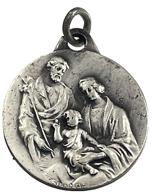#ad Vintage Catholic Holy Family St Anne Silver Tone Medal France