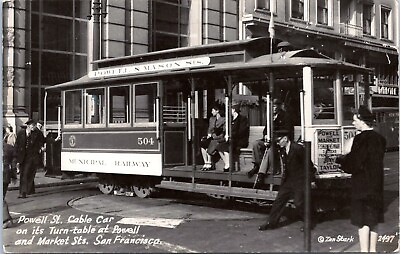 #ad RPPC Postcard Powell Street Cable Car Turntable San Francisco California Zan