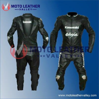 #ad Black Kawasaki ninja motorbike leather Racing Suit Cowhide Leather Suit