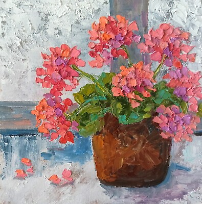 #ad Original Oil painting Flower Impasto Artwork 25x25cm Red Geranium Small Wall Art