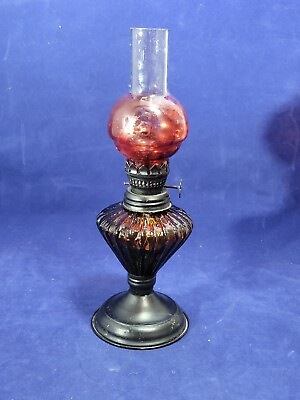 #ad #ad Vintage Mini Amber Ribbed Pedestal Oil Lamp Made In Hong Kong