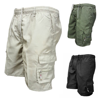 #ad Mens Elasticated Cargo Shorts Casual Work Combat Drawstring Pockets Half Pants A