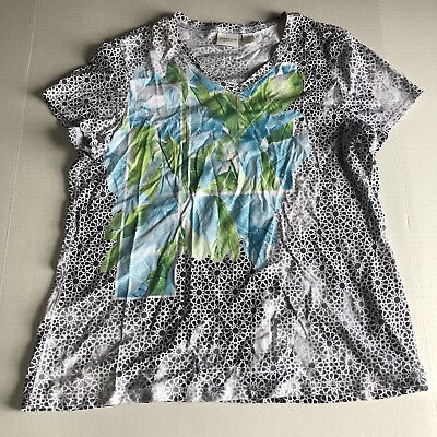 #ad Weekends By Chico’s Blue Green Tropical Leaf Print T Shirt Top Sz 2 A490