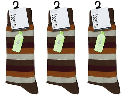 #ad Bar III 3 Pair Wide Striped Men#x27;s Socks One Size NWT Brown Multi