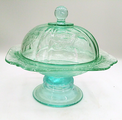 #ad #ad Vintage Federal Indiana Teal glass madrid pedestal covered butter dish with lid