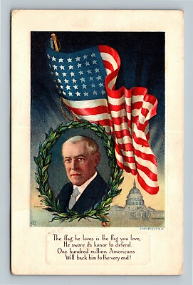 #ad Woodrow Wilson US President Flag Poem Vintage Postcard