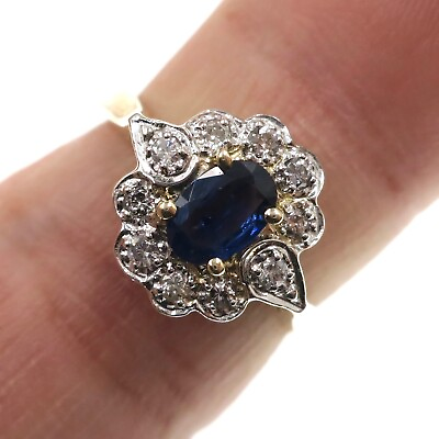 #ad Classic 14k Solid Yellow Gold Natural Blue Sapphire and Diamond Ring Size 6