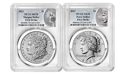 #ad 2023 Morgan and Peace Silver Dollar 2 Coin Set PCGS MS70 FIRST STRIKE