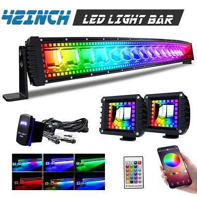 #ad 42inch Curved Led Light Bar Strobe RGB Color Changing amp; Harness Kit For SUV