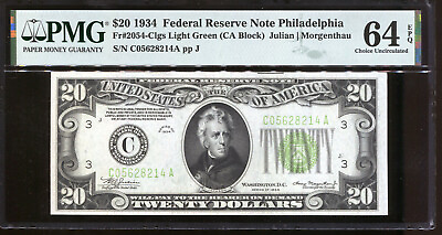 #ad 1934 $20 Federal Reserve Note Philadelphia LGS Light Green PMG 64EPQ #C05628214A