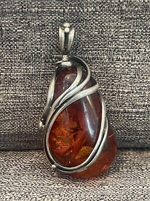 #ad Sterling Silver Baltic Amber Pendant Giant