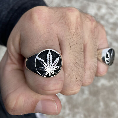 #ad Mens Real Solid 925 Sterling Silver Black Oxidized Weed Pot Leaf Marijuana Ring