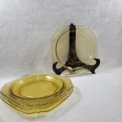 #ad SET of 5 Federal Amber Yellow Depression Glass Madrid Square Salad Plate 1930s
