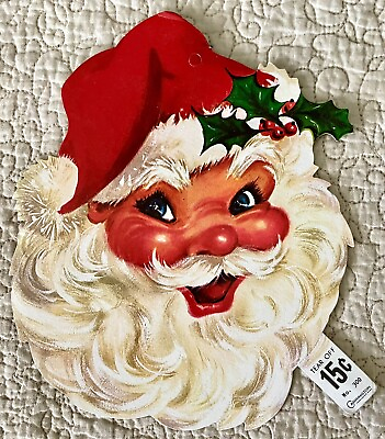#ad #ad Unused Christmas Santa Face NOS Cardboard Vtg Die Cut Cutout 1950 60s 7 1 2 Inch