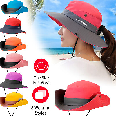 #ad Women Summer Bucket Hat Packable Ponytail Wide Brim Sun UV Protection Travel Cap