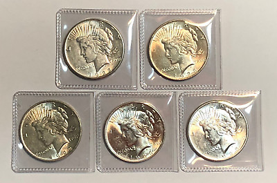 #ad Lot of 5 AU $1 Silver Peace Dollars Common Dates and Mint Marks