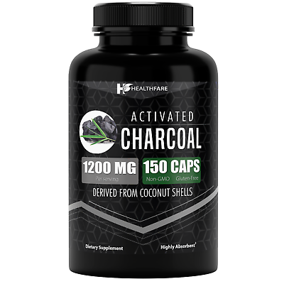 #ad HealthFare Activated Charcoal Vegan Capsules 1200mg 150 Highly Absorbent