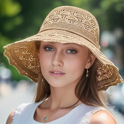 #ad Coffee Fashion Women Hollow Sun Hat Washable Breathable Large Brimmed Beach Hat