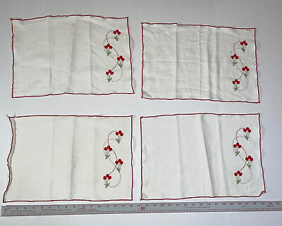 #ad 4 linen Placemats Machine Embroidered Cherries Red Cream Stitched Edge Or Napkin