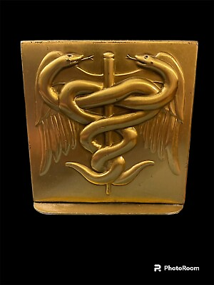 #ad 1 Craftsman Brass Vintage Book End with Medical Caduceus Symbol