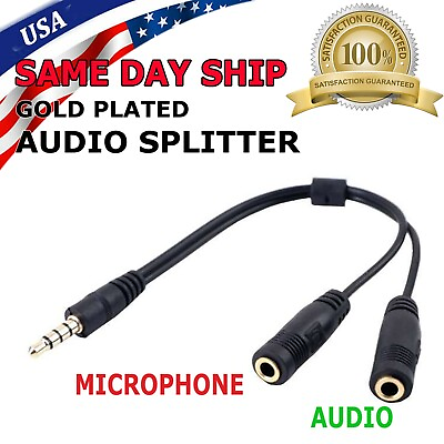 #ad 3.5mm AUX Audio Mic Splitter 1 Male to 2 Female Gold Plated Headphone Cable