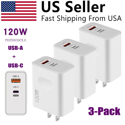 #ad 3 Pack USB C Wall Charger 2 Ports PD TYPE C QC 5.0 Fast Charger Power Adapter