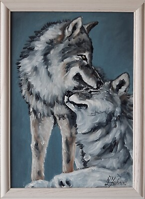 #ad Wolf Painting Animal Original Art Framed 12 by 9 Couple Wolves Oil Wall Art