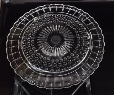 #ad Vintage Footed Cake Plate Dots hobnail Sunburst 2889 Federal glass 11quot;