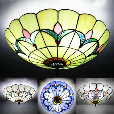 #ad 2 light Mission Stained Glass Ceiling Light Fixture Flush Mount Vintage Light