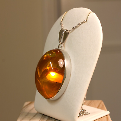 #ad Large Excellent Quality Genuine Baltic Amber Silver Pendant with Chain