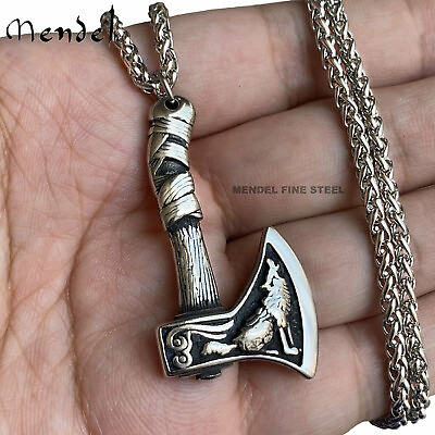 #ad #ad MENDEL Mens Norse Viking Wolf Raven Axe Pendant Necklace Jewelry Stainless Steel