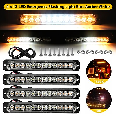 #ad 4PCS Amber White 12 LED Car Truck Strobe Light Bar Flashing Warning Hazard Lamps