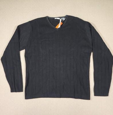 #ad Vintage Halogen Sweater Mens Medium M Black Ribbed Pullover V Neck Y2K NWT