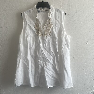 #ad Edward Woman Plus Size 2X White 100% Irish Linen Embroidered Sleeveless Top