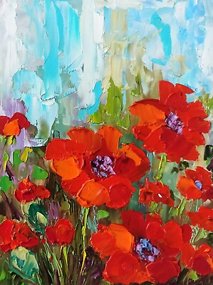 #ad Flowers Original Oil painting Red Poppies Floral Impasto Artwork 8x6in