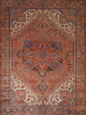 #ad Vintage Geometric Heriz Rust Brown Area Rug 8x10 Wool Hand knotted Carpet