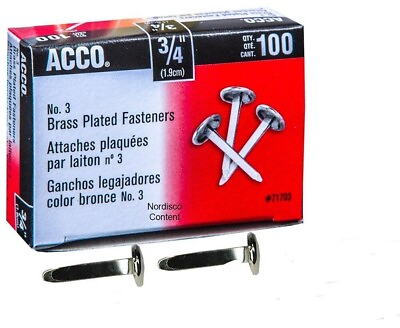 #ad ACCO Brass Paper Fasteners 3 4quot; Plated 1 Box 100 Fasteners Box 71703